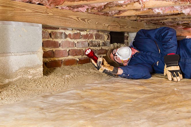 Horizon Pest Management | York SC | worker inspecting moisture barrier in crawl space